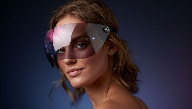 Fair-skinned model wearing galaxy visor creating futuristic high-fashion portrait