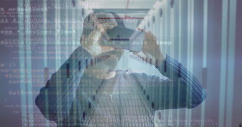 Businessman Experiencing Virtual Reality in Data Center Environment