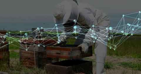 Beekeeper Managing Hive Solutions with Digital Connections Background