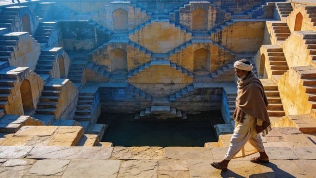Walking man descending rajasthan stepwell in golden light, sandstone geometry and pool