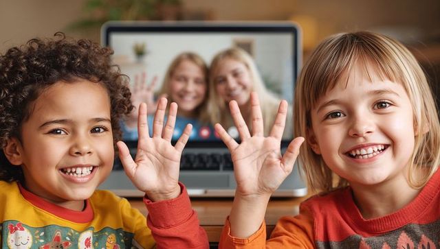 Smiling children waving during joyful laptop video call at cozy home desk, colorful tops