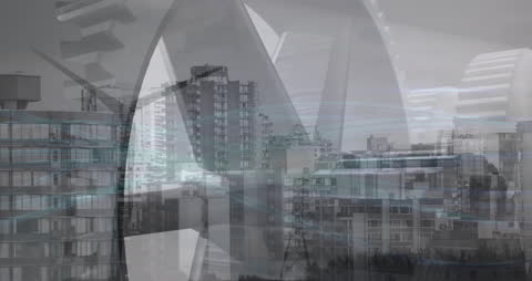 Cityscape Overlaid with Spinning Cogs Conceptual Animation