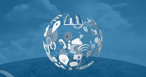 Digital World Sphere with Tech Icons on Blue Background - Download Free Stock Images Pikwizard.com