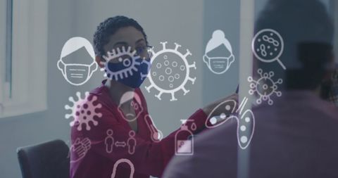 Woman in Office Discussing Global Pandemic with Floating COVID-19 Icons