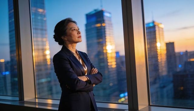 Asian female executive gazing out office window at sunset over city skyline, strategic leader