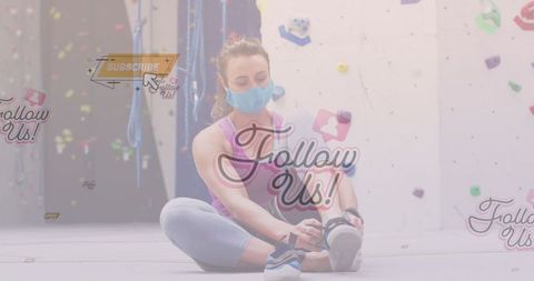 Woman Tying Shoelaces at Gym with Social Media Overlay