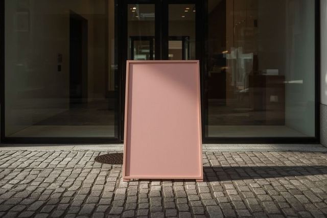 Blank Pink Signboard on Cobblestone Street Highlighting Minimalist Design