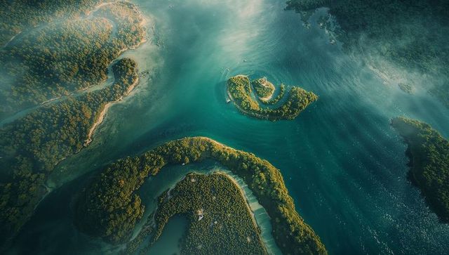 Aerial View of Serene Forested Islands Amid Turquoise Waters