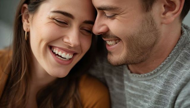 Intimate Closeup Smiling Couple Sharing Laugh and Tender Nuzzle, Warm Lifestyle Portrait