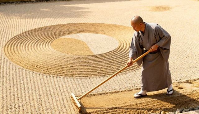 Zen monk raking circular gravel pattern in karesansui garden, sunlit serenity