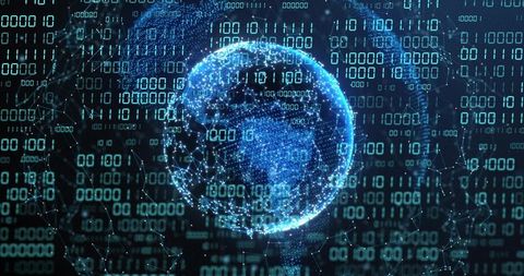 Rotating Digital Globe with Binary Streams, Data Lattice and Futuristic Neon Cyan Glow
