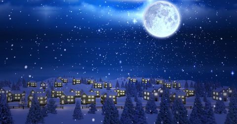 Night Sky Over Snowy Village with Full Moon