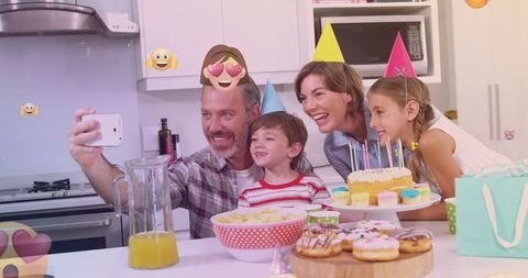 Joyful Family Birthday Celebration with Selfie and Emojis