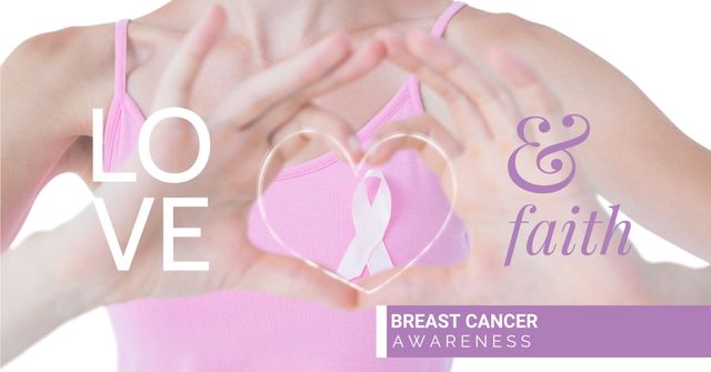 Woman Showing Breast Cancer Awareness with Heart and Ribbon Symbol - Download Free Stock Templates Pikwizard.com