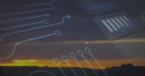 Rural sunset merging with transparent tech interface overlay showing circuit grid charts