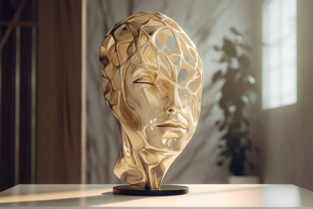 Close up of metallic face sculpture in modern interiors, created using generative ai technology. Art and modern abstract face sculpture design concept digitally generated image.