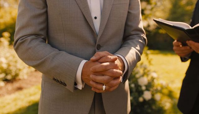 Groom standing with clasped hands showing wedding band during outdoor garden ceremony