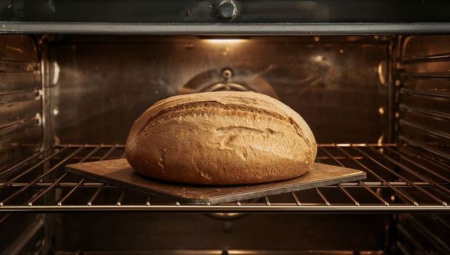 Freshly baked artisan bread loaf in warm oven interior