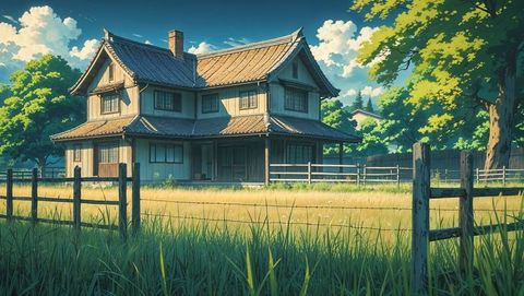 Traditional anime wooden house in sunlit meadow