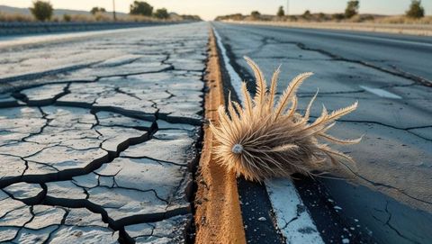 Tumbleweed resting on desert highway with cracked asphalt