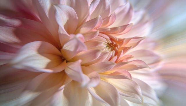 Soft peach dahlia bloom revealing layered petals in macro with pastel bokeh highlights