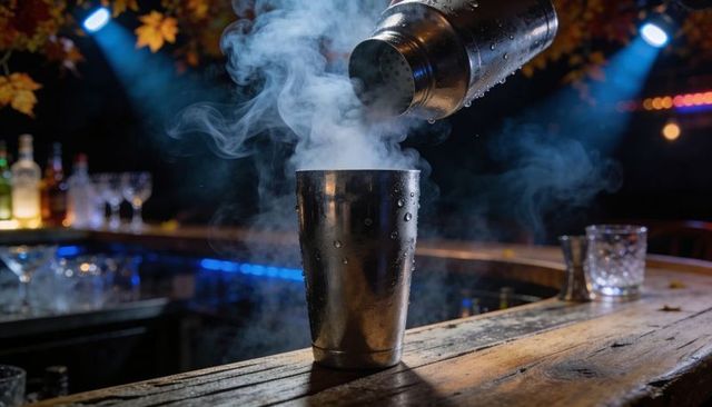 Cocktail shaker releasing dramatic smoke over wooden bar counter moody mixology nightlife