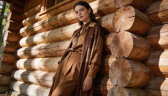 Model leaning on rustic log cabin wearing brown patterned duster and high-waist trousers