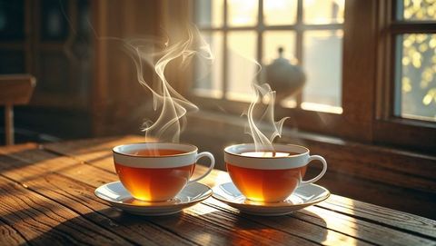 Two steaming teacups on cozy rustic table