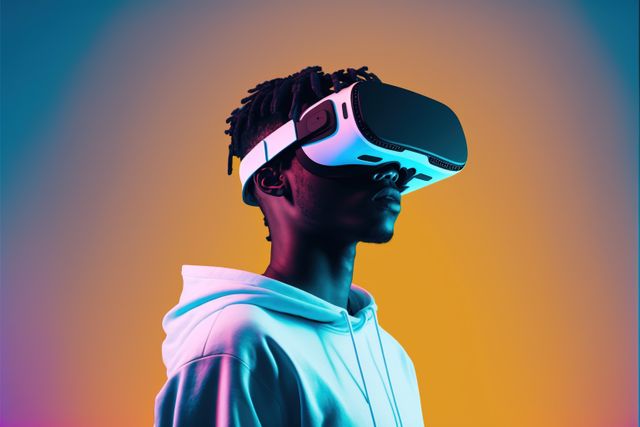 African american man in white hoodie and vr headset, created using generative ai technology. Virtual reality, digital interface and headset technology concept digitally generated image.