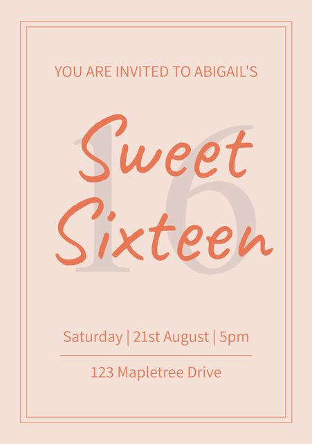 Elegant Sweet Sixteen invitation template with minimalist design on beige background. Ideal for creating custom invitations for Sixteenth birthday celebrations, perfect for digital or printed invitations, suited to mark a significant teenage milestone with style and sophistication.