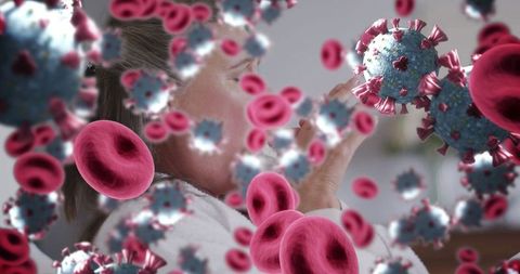 Mature Woman Using Nasal Spray Amidst Virus Particles