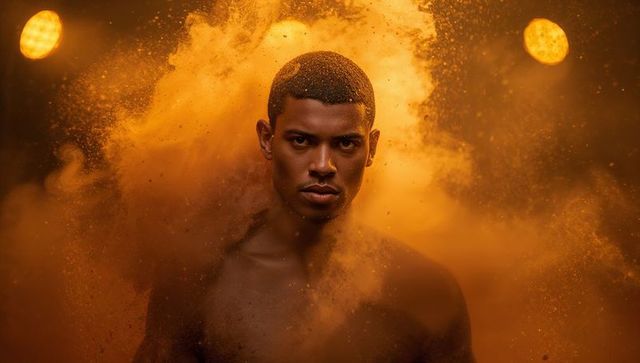 Cinematic orange powder portrait of shirtless male model with dramatic backlighting