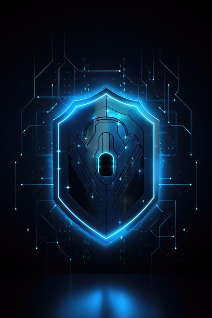 Glowing blue shield with padlock symbolizes robust digital security measures, suitable for illustrating themes related to cybersecurity, data protection, and modern technology. Ideal for articles, presentations, and design projects focusing on network safety, privacy, and cyber threat prevention.