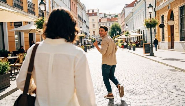 Smiling man looking back while walking with companion on sunny historic cobblestone street