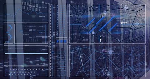 Updating real-time urban monitoring hud displaying wireframe maps and data panels