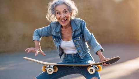 Senior woman embracing a crazy adventure on skateboard at sunlit park