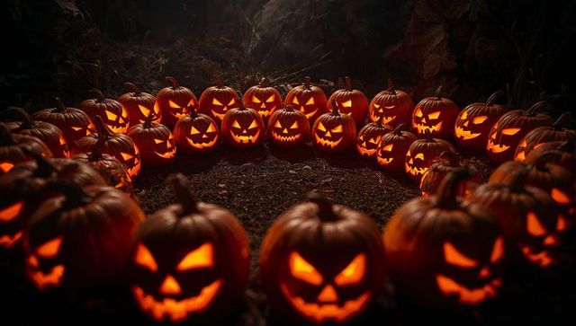 Mysterious jack-o'-lantern circle in moonlit forest