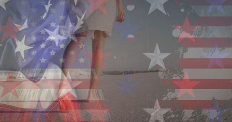 Woman Walking on Beach Under Artistic USA Flag Overlay - Download Free Stock Images Pikwizard.com