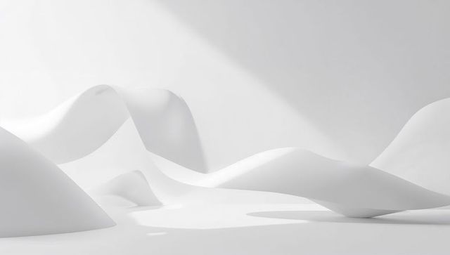 Minimalist white sculptural waves on curved studio plane casting soft shadows monochrome