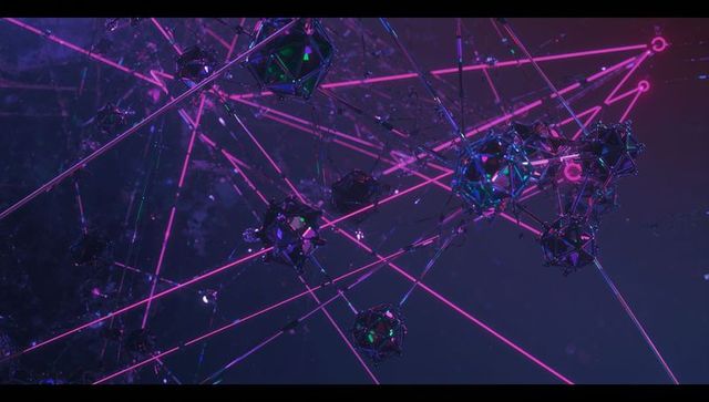 Futuristic neon network with metallic geometric nodes