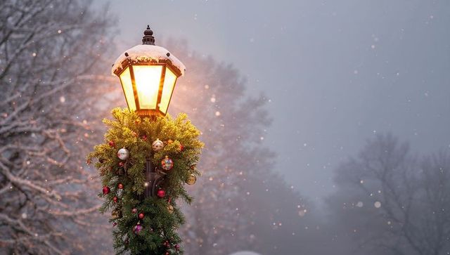 Glowing vintage lamp post wearing christmas garland and ornaments in falling snow