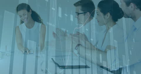 Team Discussing Financial Analytics with Data Visualization Overlay