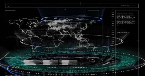 Digital world map with data and equations for global analysis