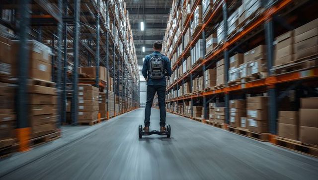 Warehouse worker riding hoverboard down aisle among pallets and stacked cardboard boxes