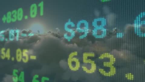 Financial Data Sunrise Over Clouds with Scrolling Ticker