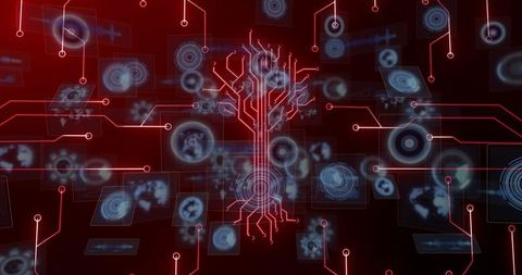 Red Circuit Tree Rising through Cyber HUD Grid with Floating Blue Data Interfaces Network