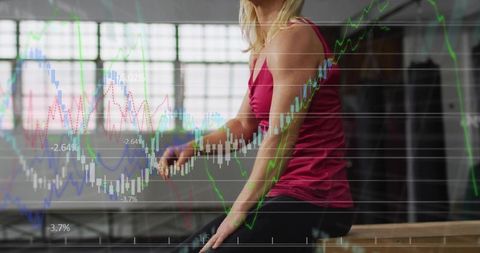 Fitness Gym Analytics: Woman on Plyo Box Wearing Magenta Tank with Market Charts Overlay