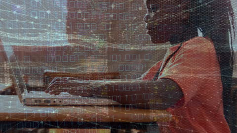 image depicts a young boy in a classroom environment using a laptop with an overlay of binary code and digital waves. perfect visual for themes related to modern education, digital learning, technology in classrooms, and the future of education. useful for educational materials, tech campaigns, or futuristic design projects focused on youth engagement with technology.