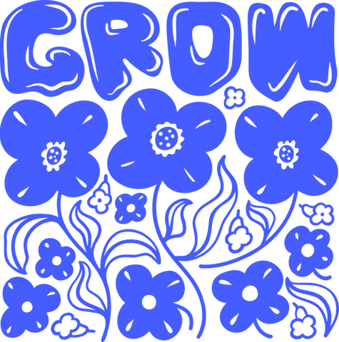 Hand-drawn blue floral vines with groovy text on transparent background