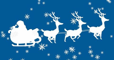 Santa Claus Silhouette with Reindeer Flying Through Snowy Sky